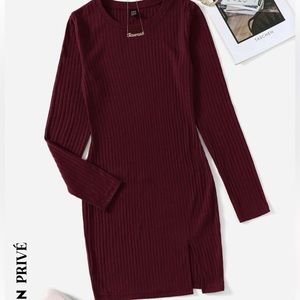 Maroon ribbed knit split hem mini dress